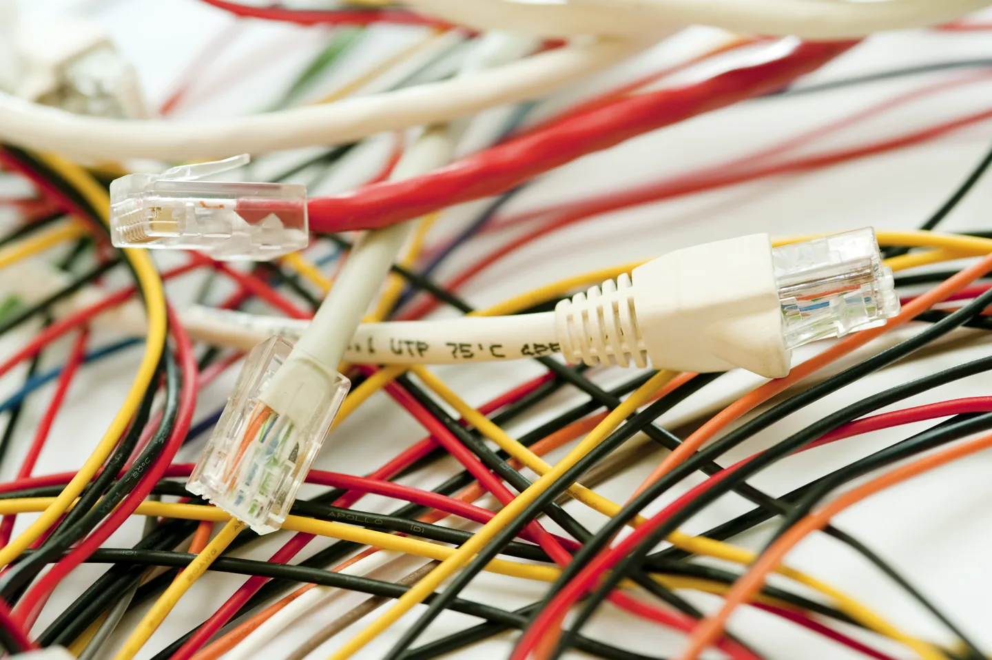 Close-up of tangled coloured network cables and connectors